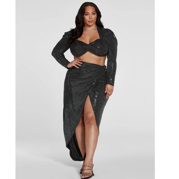 Fashion to Figure Leandra Black Puff Sleeve Metallic Sequin Ruched Crop Top Sz L - Picture 3 of 9